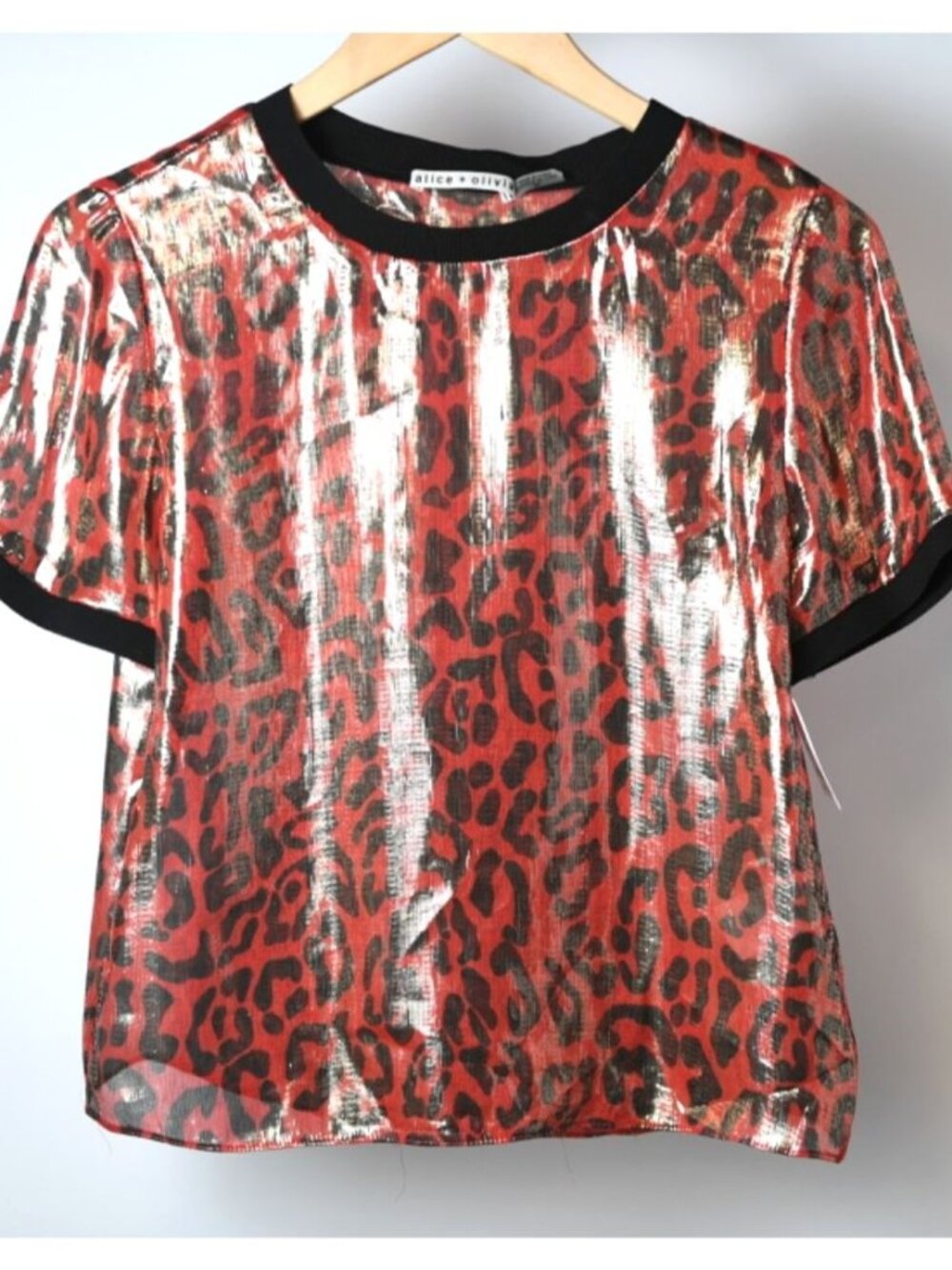 Alice + Olivia Size S Metallic Red Leopard Print Sheer Silk Blend T Shirt Blouse